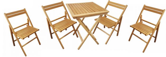 Houten terrasset: klaptafel met 4 houten klapstoelen direct uit voorraad, direct af fabriek. Veel gebruikt bij foodtrucks en evenementen
